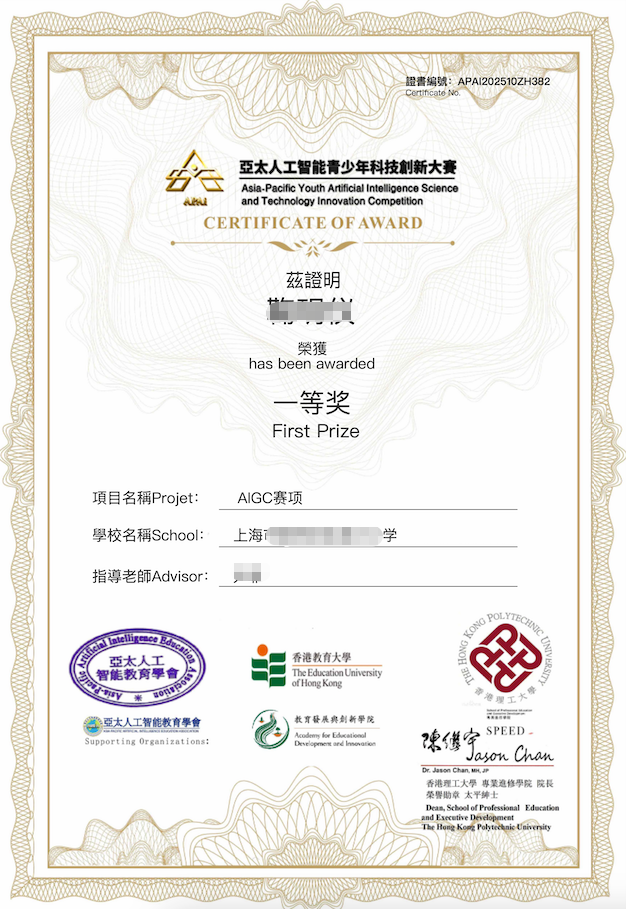 APAI大赛金奖证书